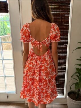 Midnight Doll Floral Tie-Back Midi Dress in Orange, nwt, sz Xs